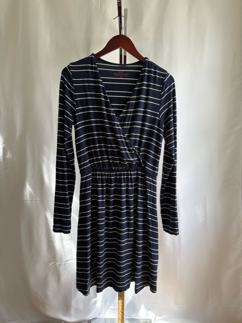 Vineyard Vines Navy and White Striped Wrap-Front Long Sleeve Dress